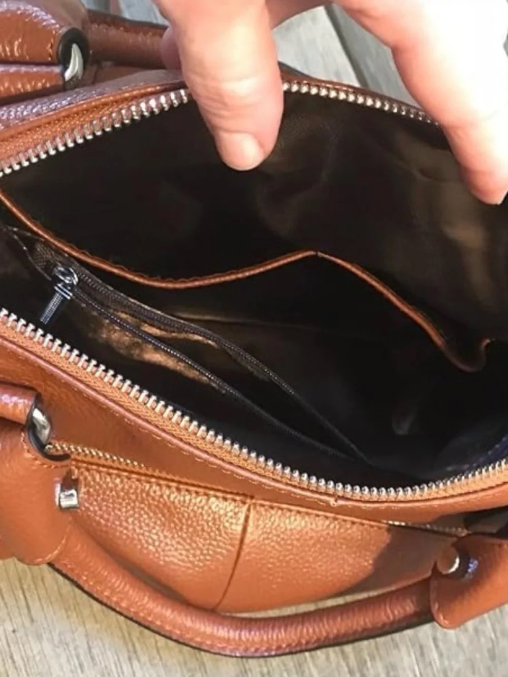 Women’s Genuine Leather Two Tone Satchel Tote Bag Cognac Brown Crossbody